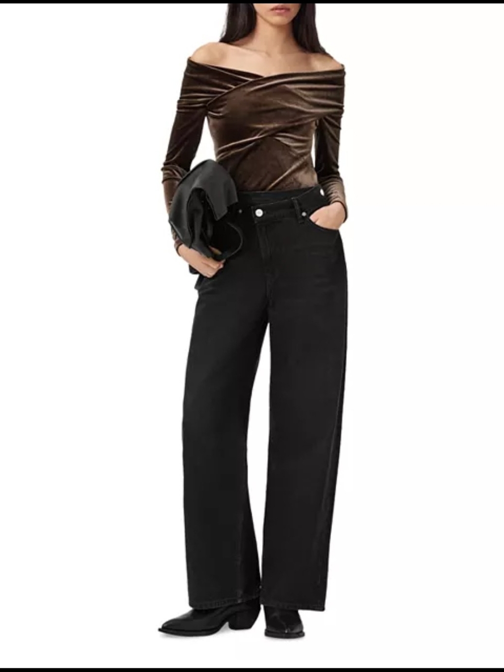 NWT All Saints Brown Velvet Off-Shoulder Top Long Sleeve Blouse Asymmetrical 6 - Picture 2 of 11